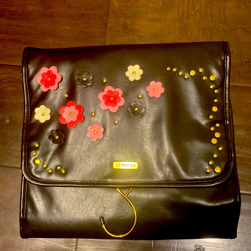 Black Sephora Hanging Makeup / Toiletry Travel Bag w Pink & White Flowers